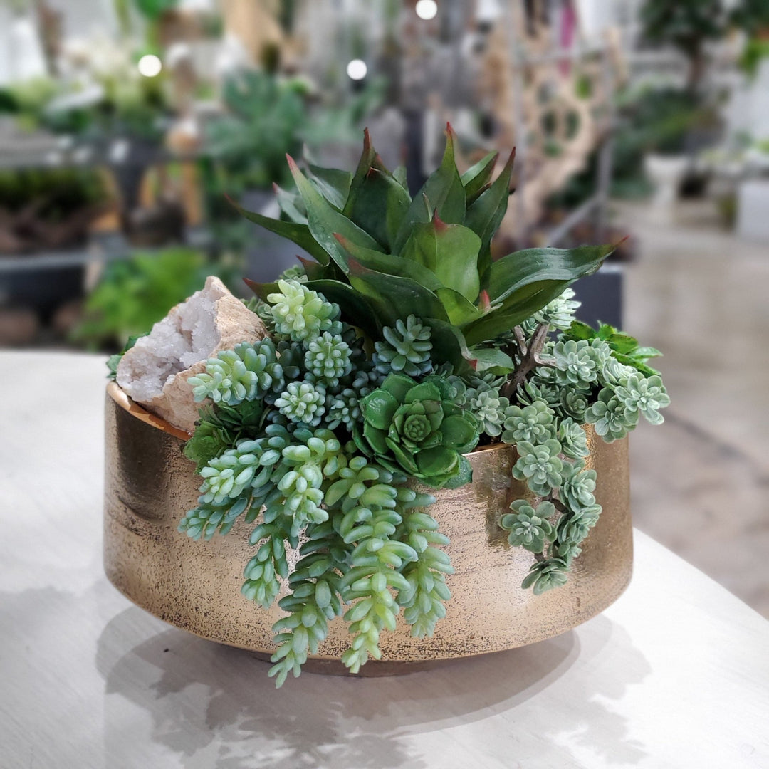 Agave, Geode and Mixed Succulents in Container 11"H - LDF Silk