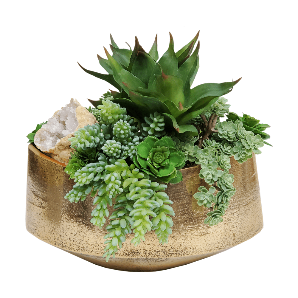Agave, Geode and Mixed Succulents in Container 11"H - LDF Silk