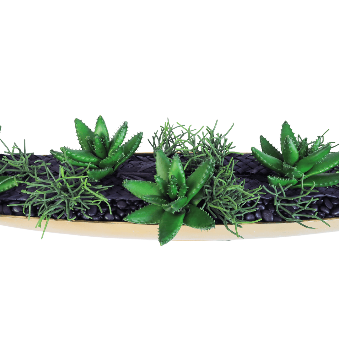 Aloe and Pencil Cactus with Woven Leaf and Rocks in Container - LDF SilkSucculent