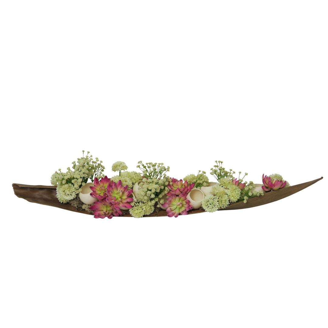 Baby's Breath, Dried Bell Cups, Succulents and Yarrow in Coco Palm Boat - LDF SilkSucculent