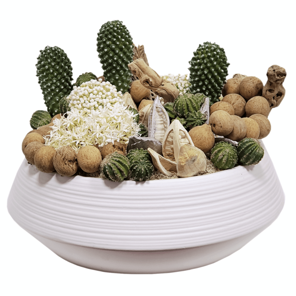 Cactus, Grapewood, Allium, Sora Pods and Gourd Garland in Ceramic 13"H - LDF Silk