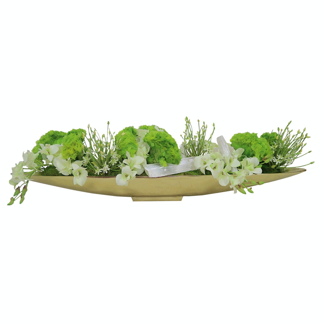 Coxcomb, Dendrobium Orchid, Allium and Selenite Bar in Boat - LDF SilkForals