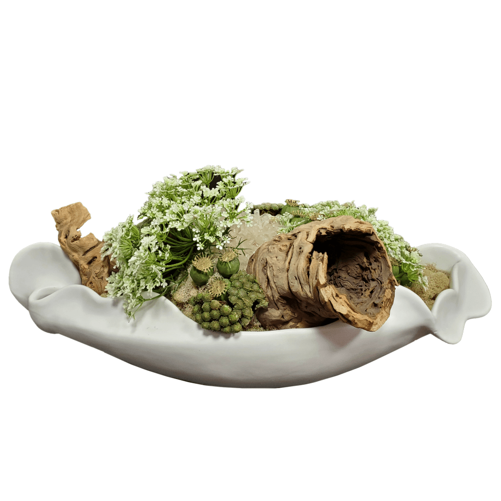 Dill Spray, Crystal, Pods, Dried Brunia and Grapewood Fragments in Container 11"H - LDF SilkFlorals
