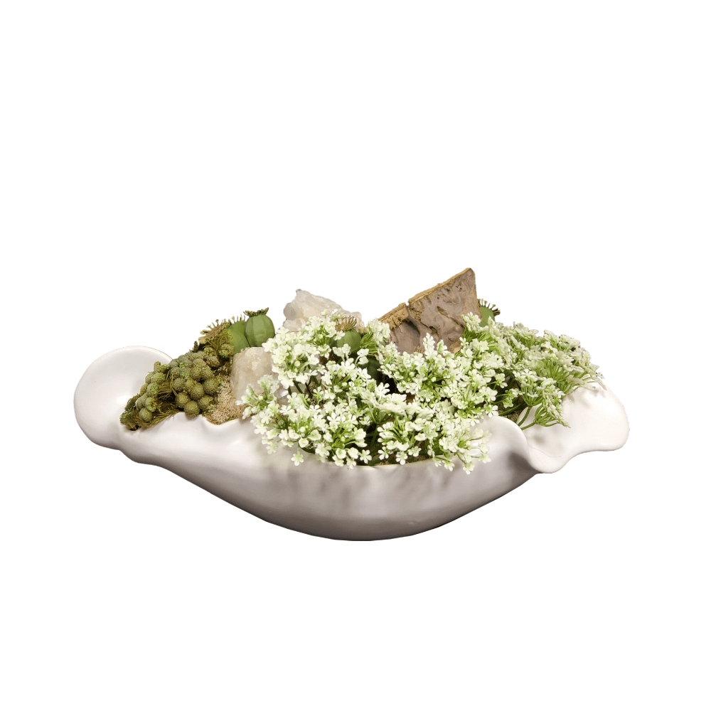 Dill Spray, Crystal, Pods, Dried Brunia and Grapewood Fragments in Container 8"H - LDF SilkFlorals