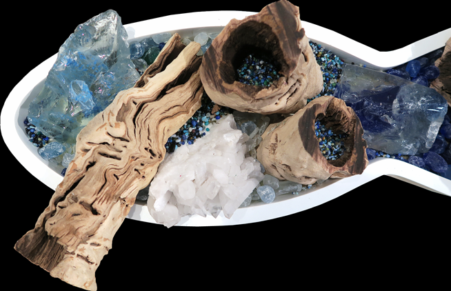 Sandblasted Ghostwood with Glass and Calcite Crystal in Stand
