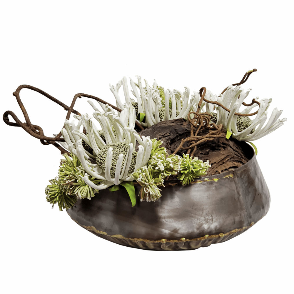 Foam Flowers, Wood Fragment, Pom Poms and Kiwi in Bowl 11"H - LDF Silk
