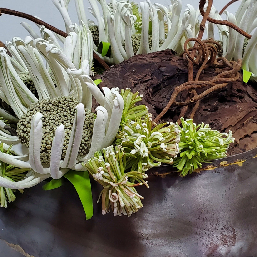 Foam Flowers, Wood Fragment, Pom Poms and Kiwi in Bowl 11"H - LDF Silk