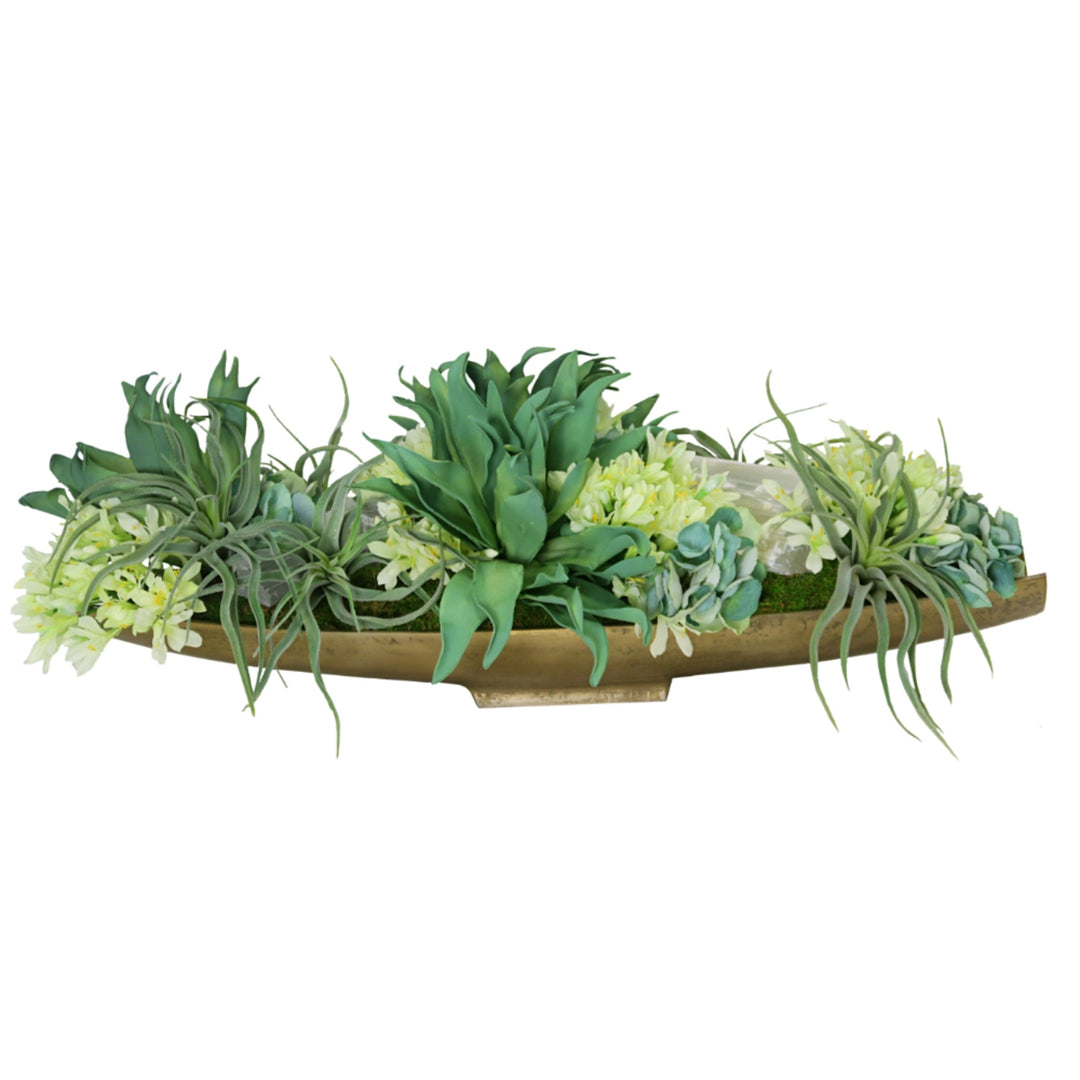 Foam Succulents, Tillandsia, Hydrangeas, Agapanthus and Selenite Bars in Boat - LDF SilkSucculent