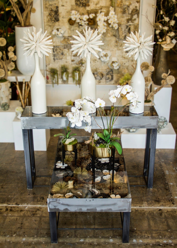 Metal Gazing Table Featuring Porcelain Flowers with Agates and Mushrooms - Coffee Table