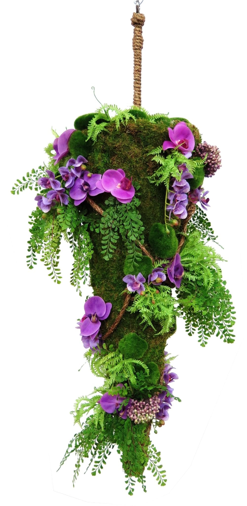 Hanging Moss Cone with Mixed Ferns and Orchids on Rope 52"H - LDF SilkHome & Garden