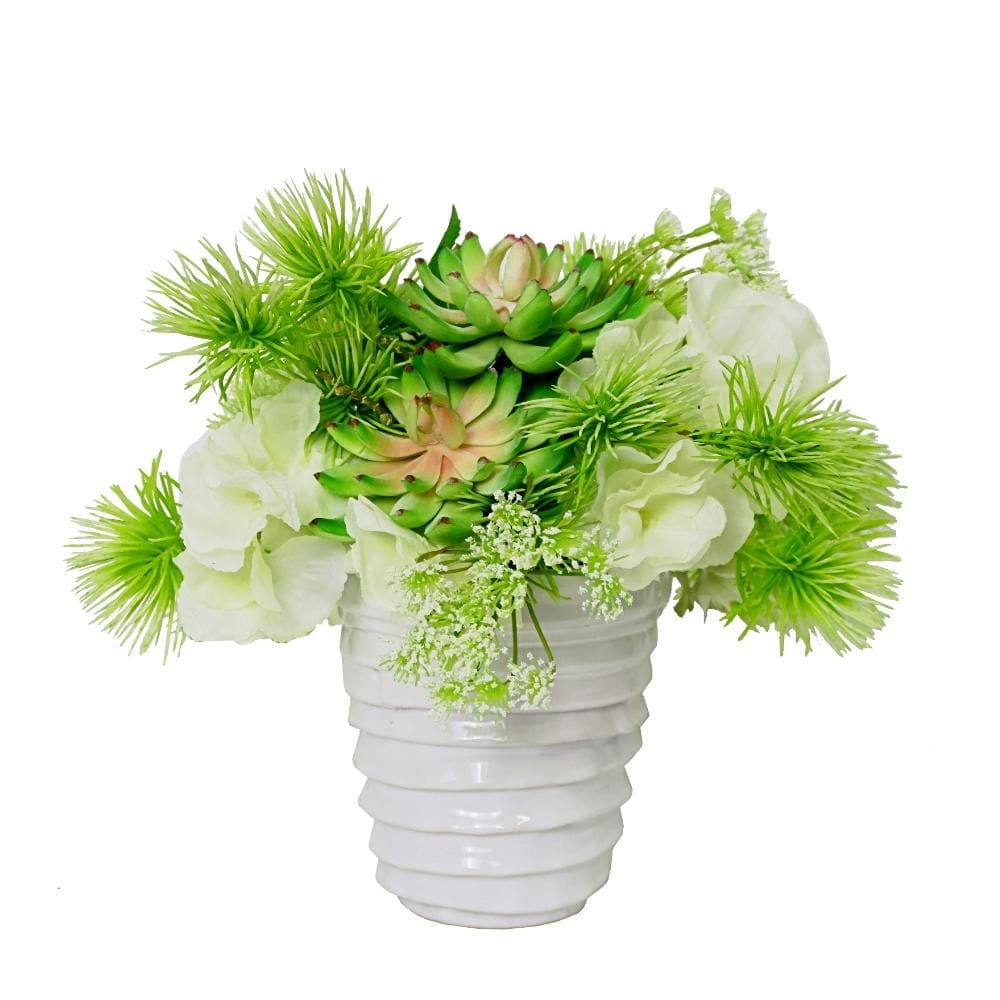 Hydrangea, Spikey Greenery, Succulents and Babys Breath in Ceramic - LDF SilkSucculent