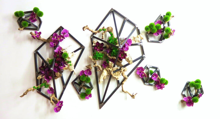 Iron Wall Sculpture Featuring Grapewood with Orchids and Allium Spheres - LDF SilkFlorals