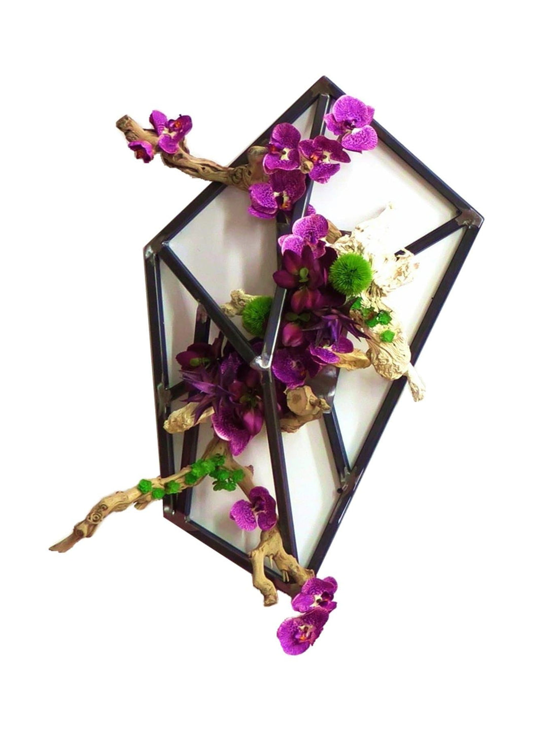 Iron Wall Sculpture Featuring Grapewood with Orchids and Allium Spheres - LDF SilkFlorals