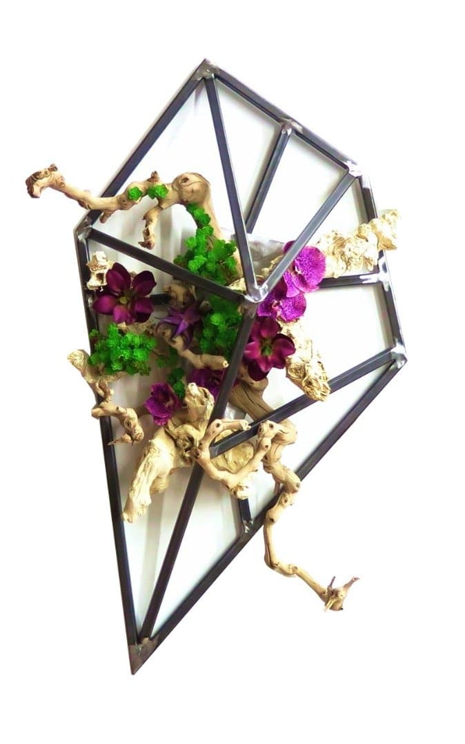 Iron Wall Sculpture Featuring Grapewood with Orchids and Allium Spheres - LDF SilkFlorals