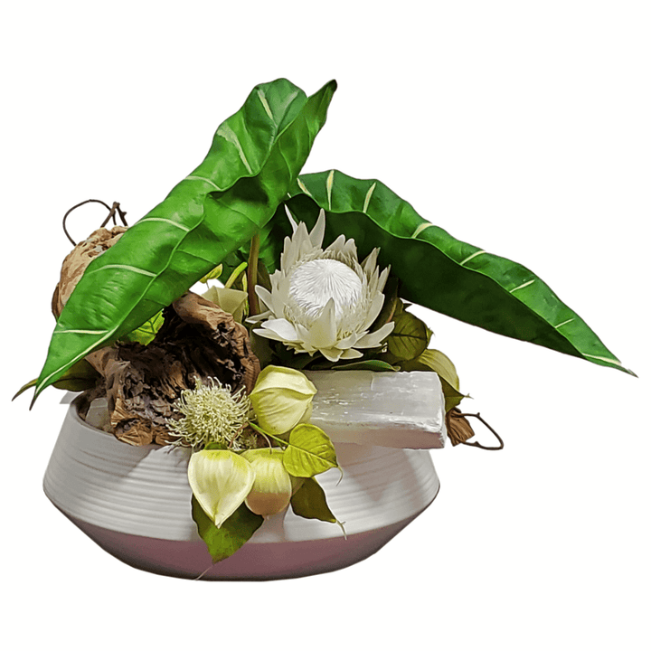 King Protea, Alocasia Leaves, Cholla Wood, Selenite Sticks and Kiwi in Ceramic 24"H - LDF Silk
