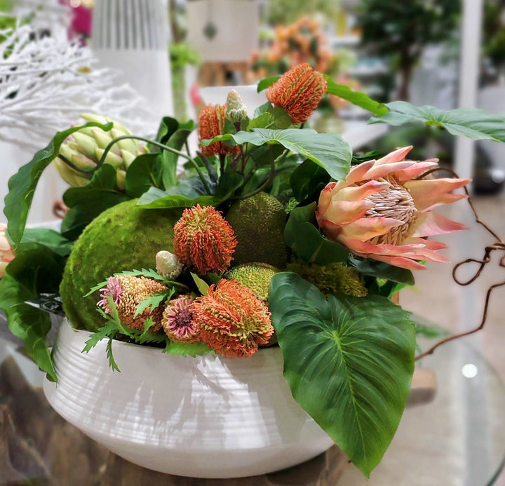 King Protea, Banksia, Druid Fruit, Moss Spheres and Anthurium Leaves in Ceramic 20"H - LDF Silk