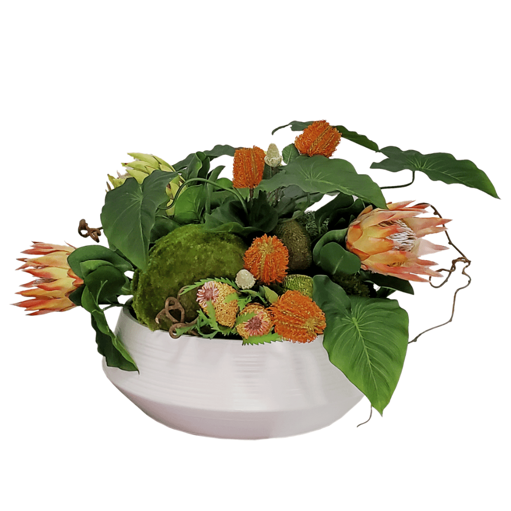 King Protea, Banksia, Druid Fruit, Moss Spheres and Anthurium Leaves in Ceramic 20"H - LDF Silk