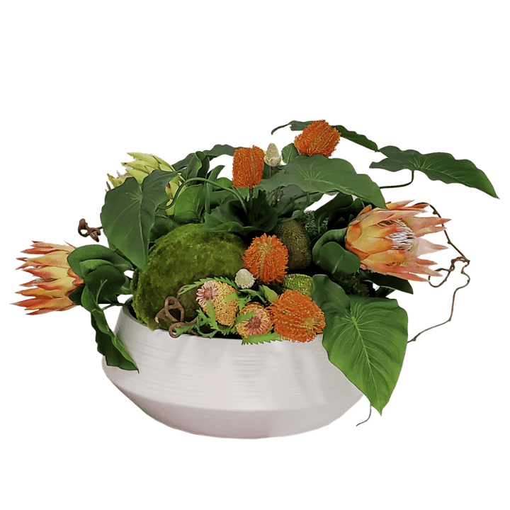 King Protea, Banksia, Druid Fruit, Moss Spheres and Anthurium Leaves in Ceramic 20"H - LDF Silk