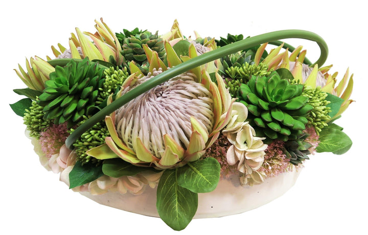 King Protea with Succulents and Hydrangeas in Ceramic - LDF SilkFlorals