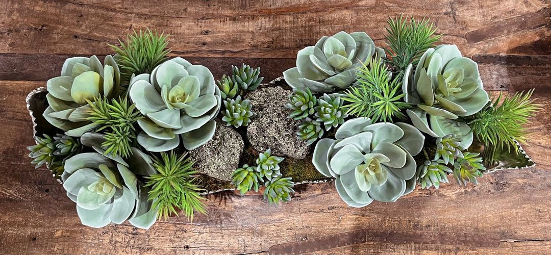 crystals and succulents Pyrite Crystals, Succulents and Senecio in Metal Tray 10"H