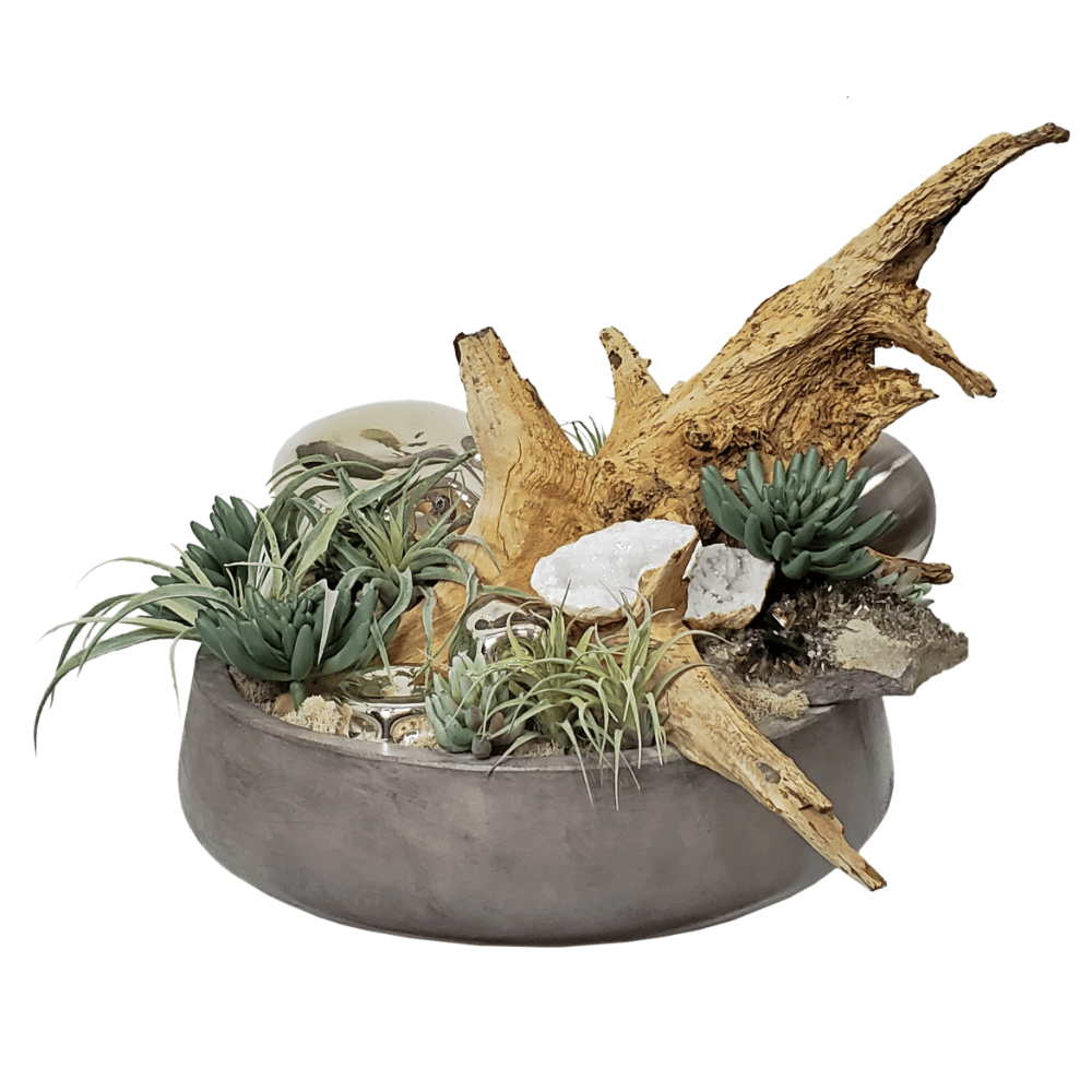 Mercury Glass, Geodes, Driftwood, Succulents, Sphere and Rocks in Bowl 25"H - LDF Silk