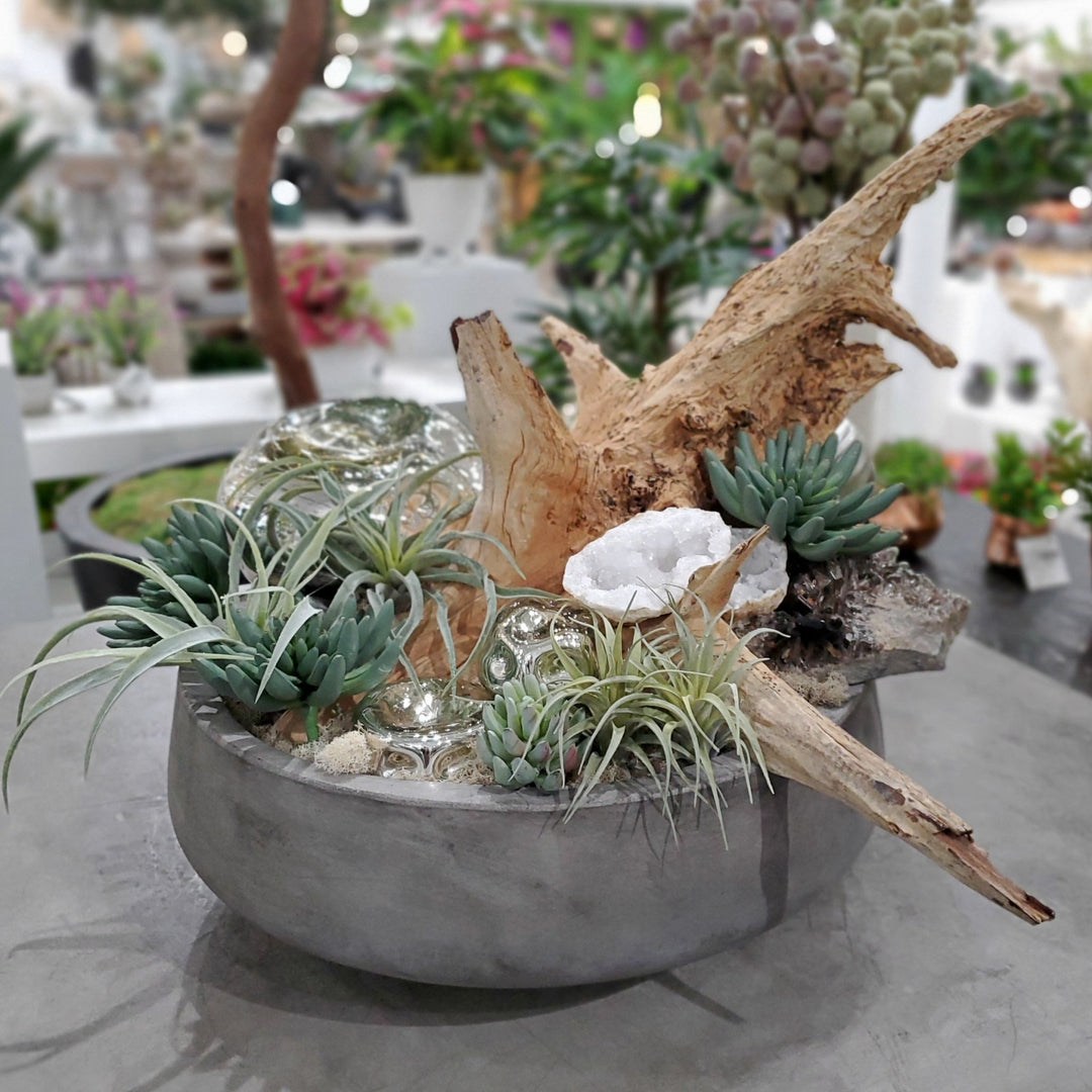 Mercury Glass, Geodes, Driftwood, Succulents, Sphere and Rocks in Bowl 25"H - LDF Silk