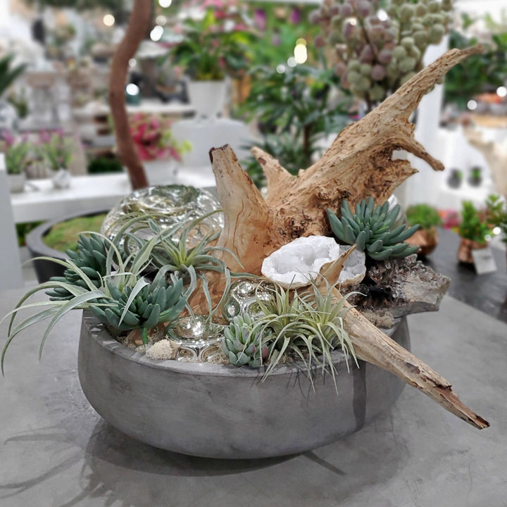 Mercury Glass, Geodes, Driftwood, Succulents, Sphere and Rocks in Bowl 25"H - LDF Silk