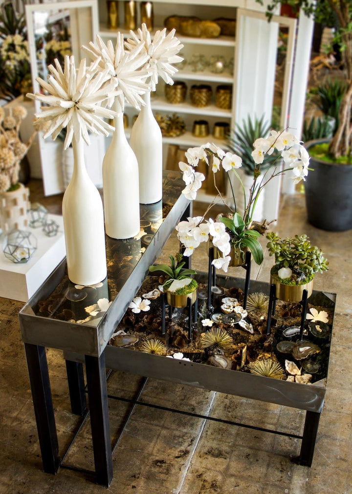 Metal Gazing Table Featuring Porcelain Flowers with Agates and Mushrooms - Tall Table - LDF SilkStatue