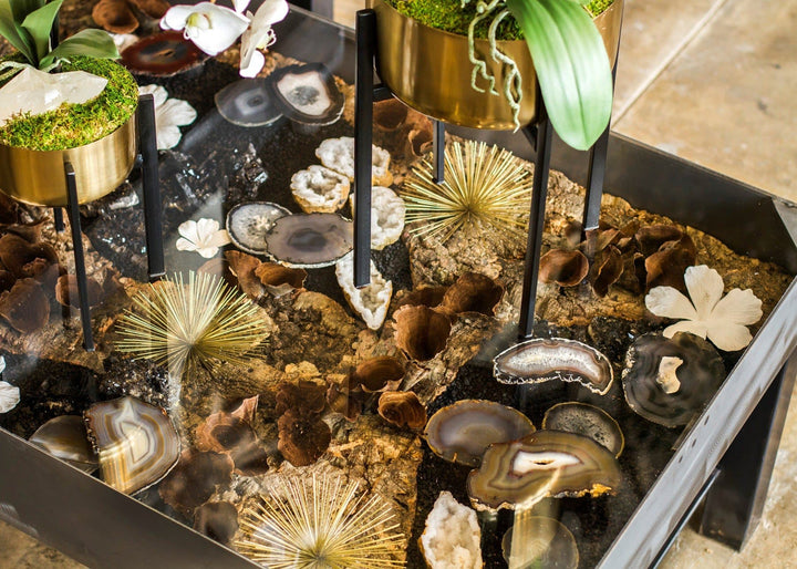Metal Gazing Table Featuring Porcelain Flowers with Agates and Mushrooms - Tall Table - LDF SilkStatue