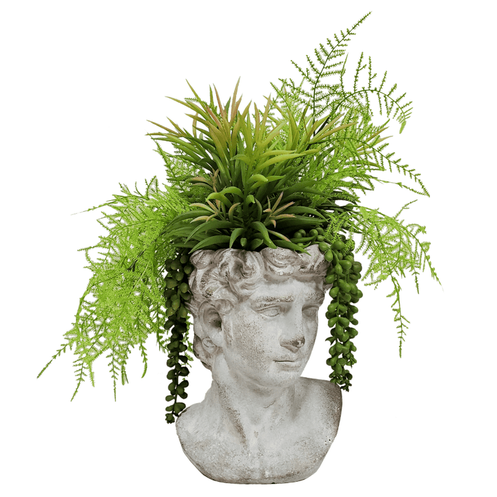 Mixed Ferns & Succulents in Concrete Head 17"H - LDF Silk