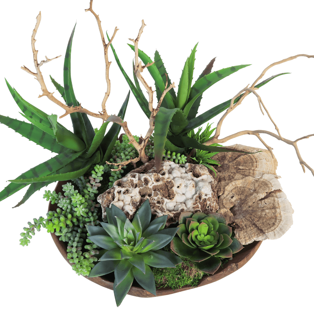 Mixed Succulents, Sponge Mushrooms, Geode and Manzanita Branches in Bowl - LDF SilkSucculent