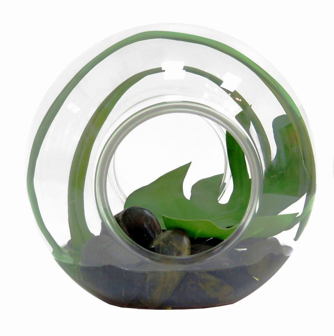 Monstera and Looped Orchid Leaf with River Rocks in Terrarium 9"H - LDF Silkplants
