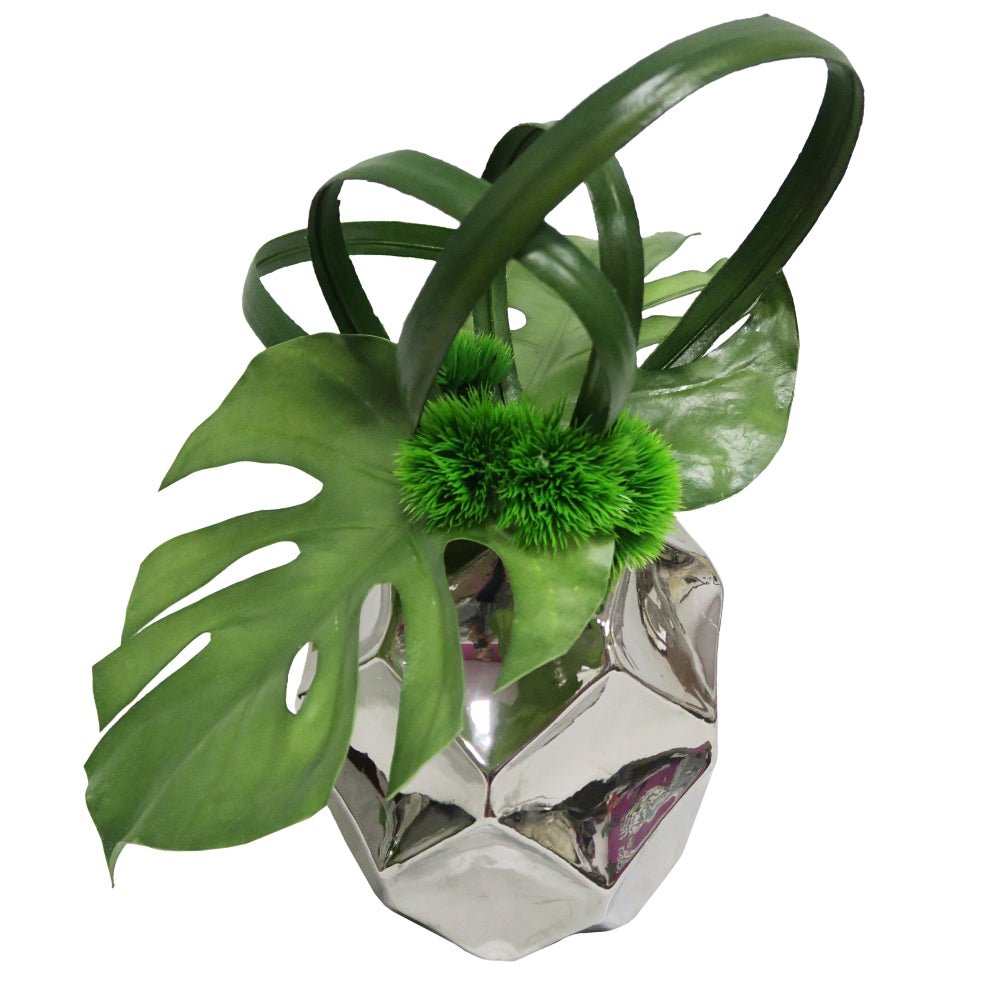 Monstera and Looped Orchid Leaves with Allium Spheres in Ceramic - LDF SilkSucculent