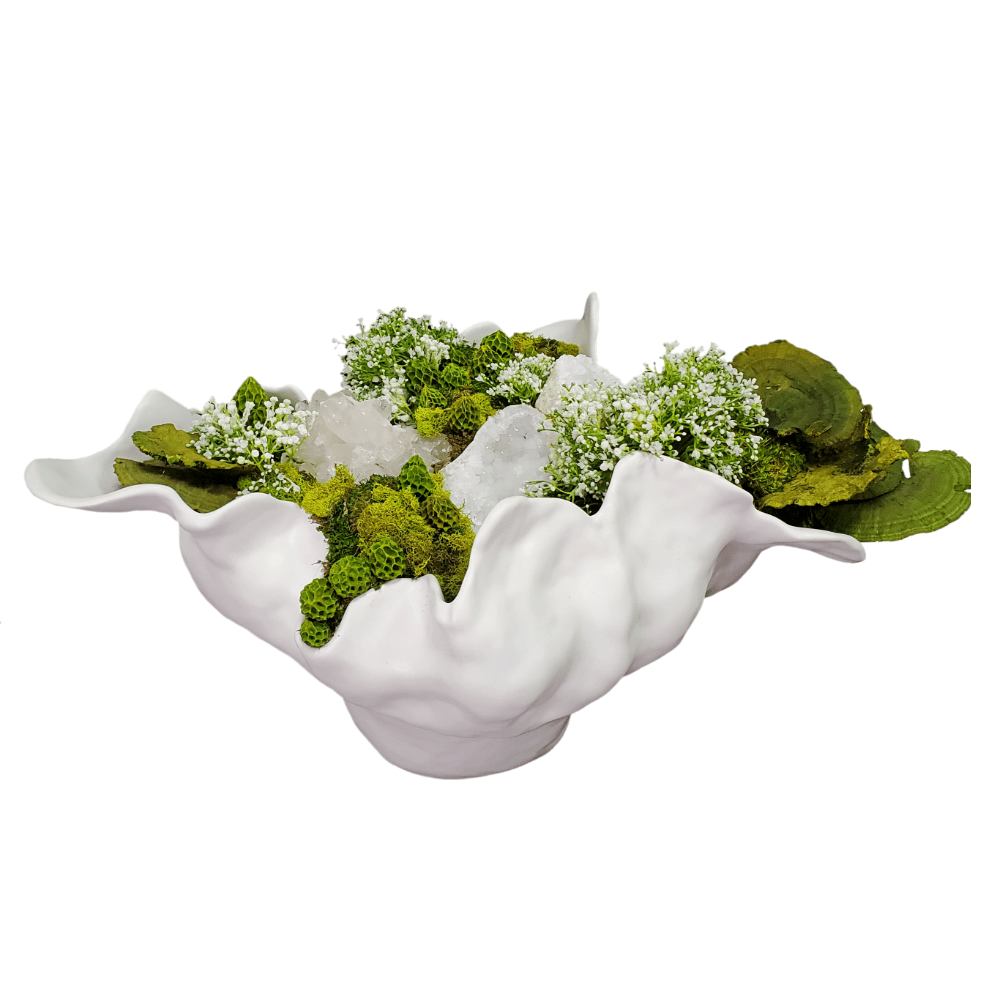 Natural Crystals and Geodes with Dried Pods and Mushrooms, Mosses and Baby's Breath in Bowl 15"H - LDF Silk