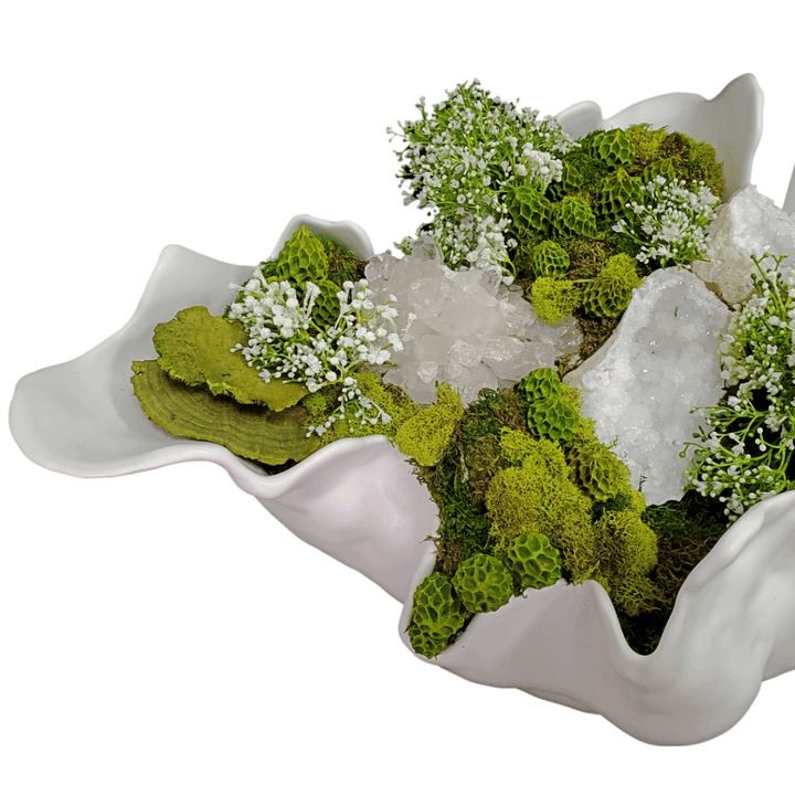 Natural Crystals and Geodes with Dried Pods and Mushrooms, Mosses and Baby's Breath in Bowl 15"H - LDF Silk