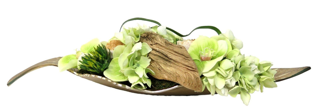 Orchids and Hydrangeas with Wood Remnant in Tray - LDF SilkFlorals