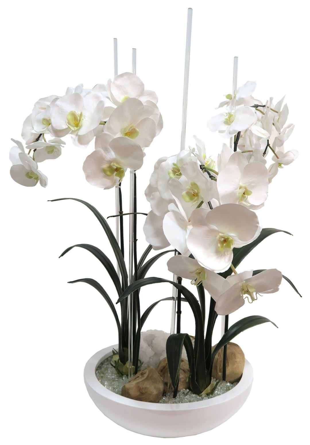 Orchids on Acrylic Rods with Geodes in White Fiberglass Bowl - LDF Silk