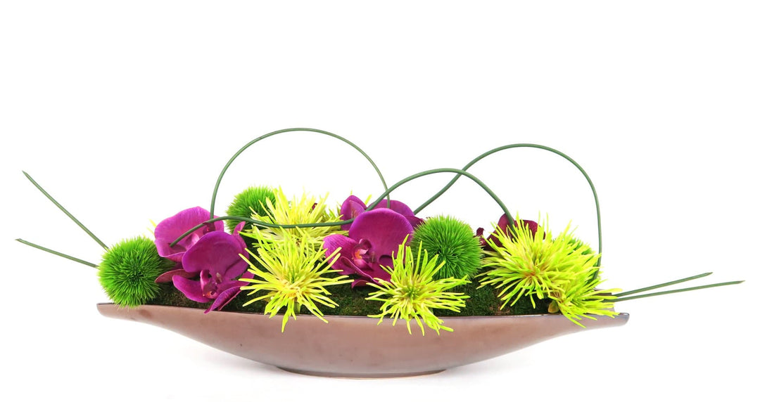 Orchids, Spider Mums, and Lopped Chive in Ceramic 9"H - LDF SilkHome & Garden