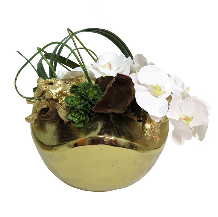 Orchids with Wood Fragment and Looped Leaves in Bowl - LDF SilkFlorals