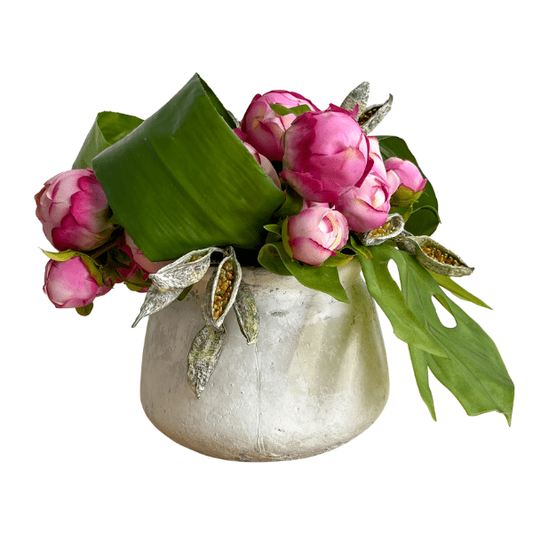 Peony Buds with Tropical Leaves in Pot - LDF SilkFlorals
