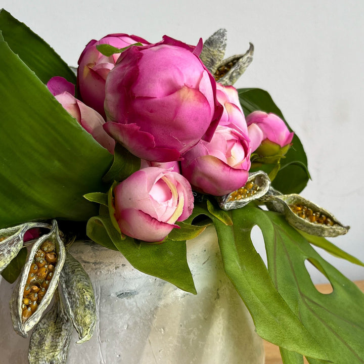 Peony Buds with Tropical Leaves in Pot - LDF SilkFlorals