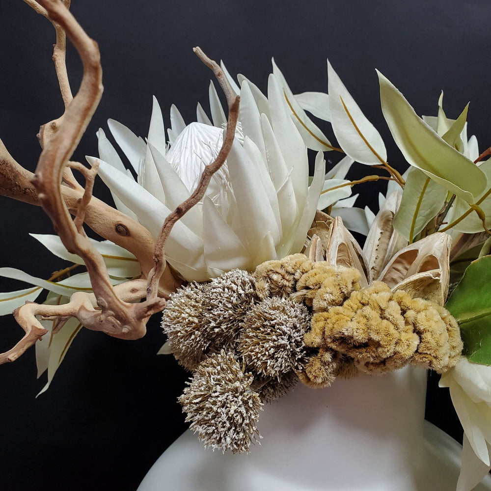 Coxcomb Protea, Coxcomb, Sora Pods, Eucalyptus Leaves, Allium and Manzanita Br ...