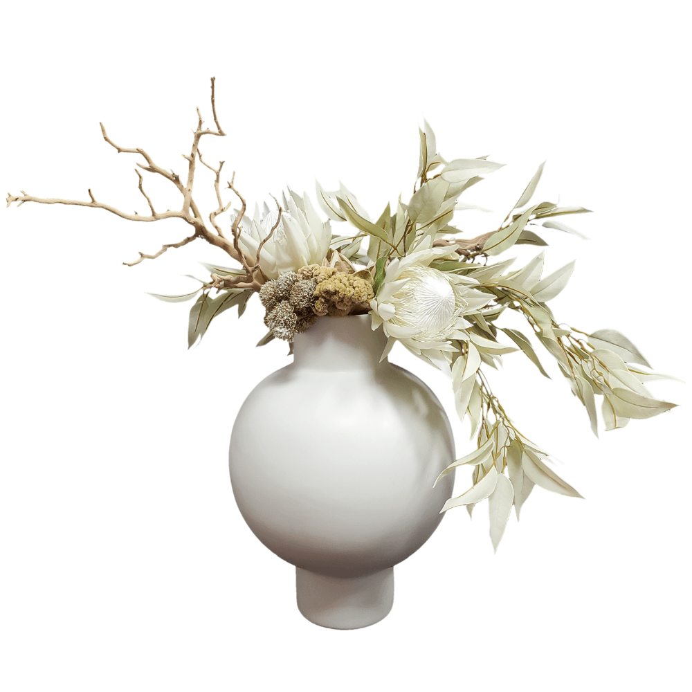 Protea, Coxcomb, Sora Pods, Eucalyptus Leaves, Allium and Manzanita Branch in Ceramic 30"H - LDF Silk
