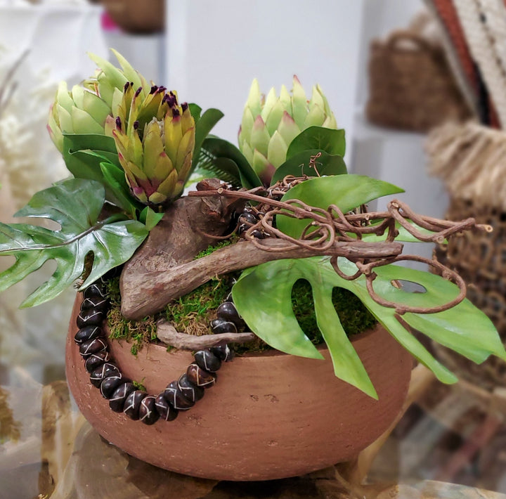 Protea, Tropical Leaves, African Beads, Driftwood and Kiwi in Bowl 15"H - LDF Silk