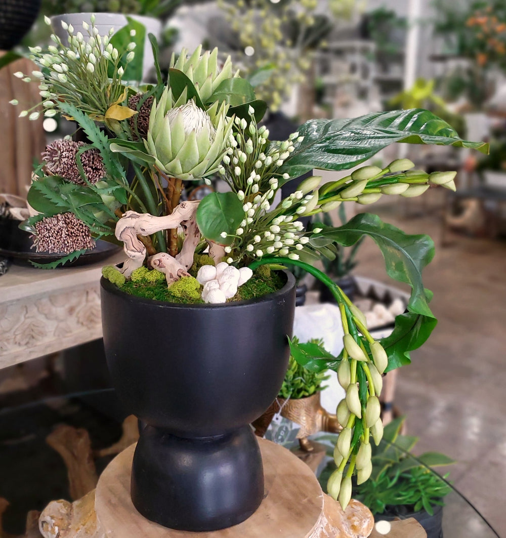 Queen Protea, Agapanthus, Banksia, Orchid Buds, Tropical Leaves and Succulents in Container. 30"H - LDF Silk