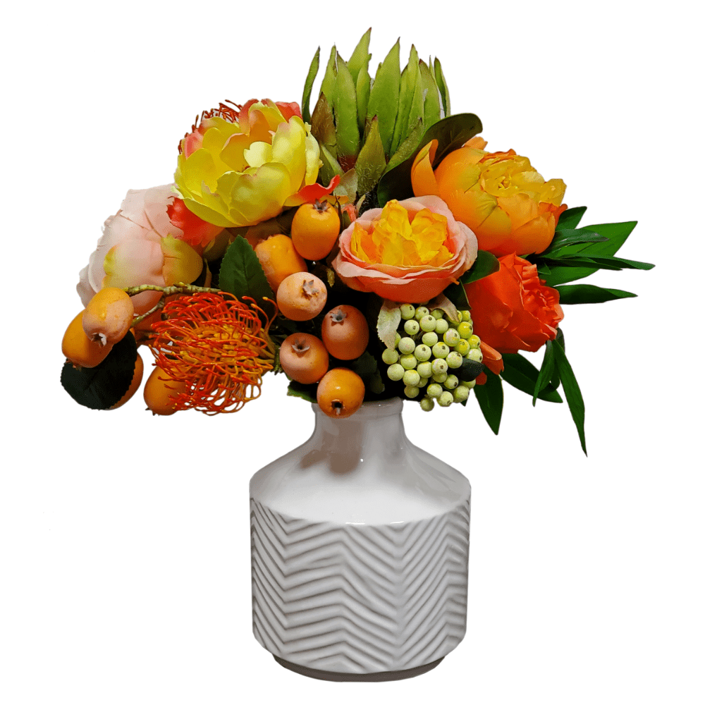 Queen Protea, Peonies and Roses, Protea and Loquats in Ceramic. 17"H - LDF Silk