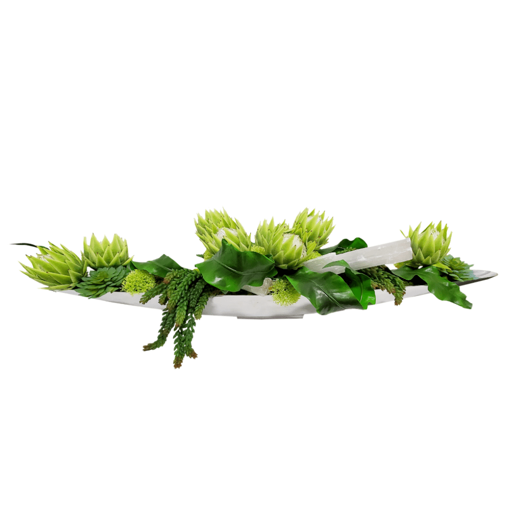 Queen Protea, Succulents and Tropical Leaves with Selenite Sticks in Container - LDF Silk