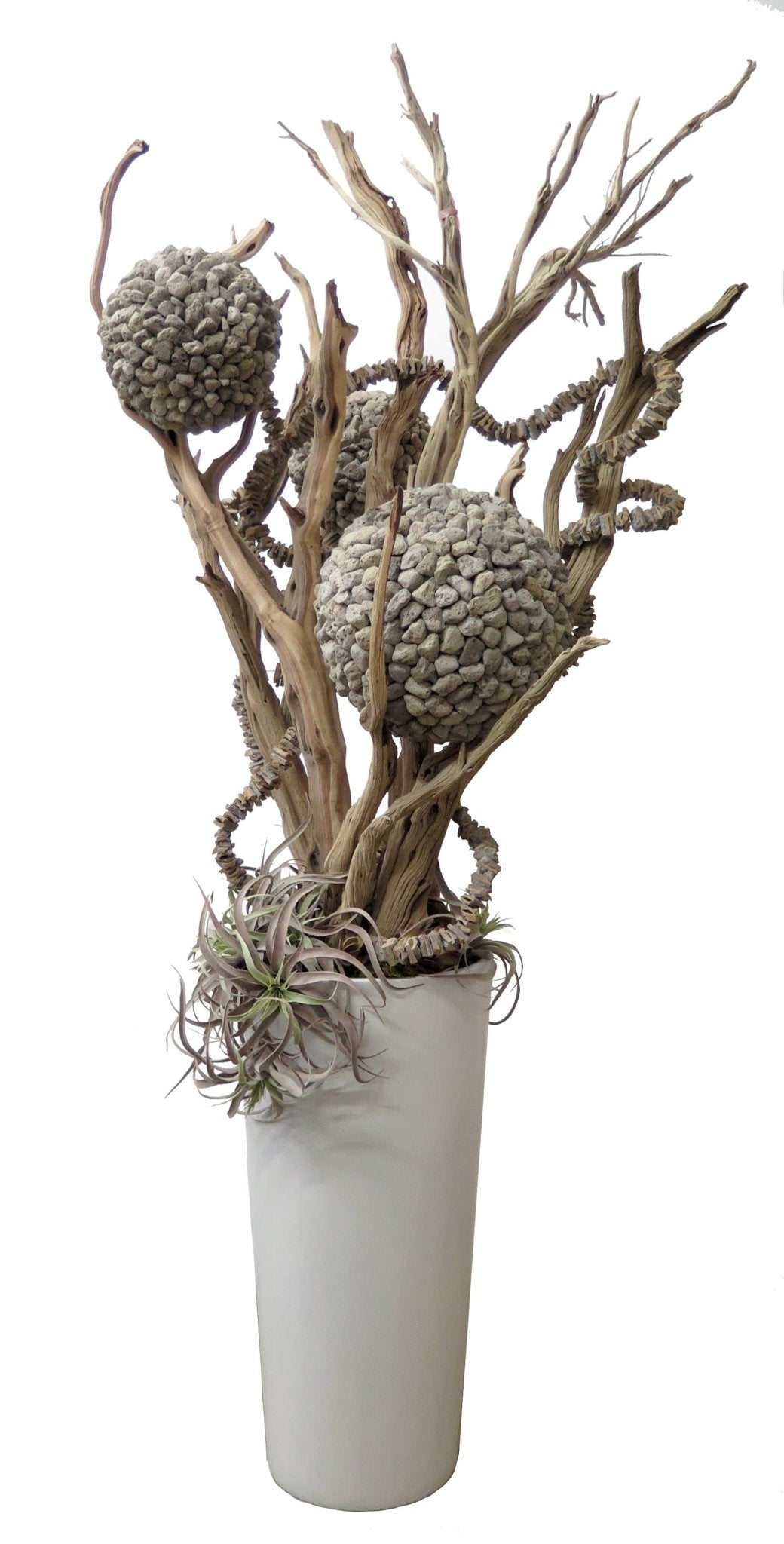 Rock Balls and Wooden Garland on Ghostwood Branches with Succulents in Planter - LDF SilkSucculent