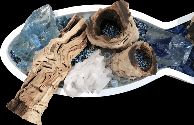 Sandblasted Ghostwood with Glass and Calcite Crystal in Stand - LDF SilkStatue