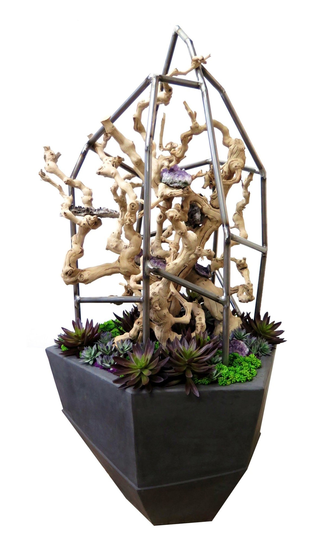 Sculpture with Grapewood and Mixed Succulents in Planter - LDF SilkSucculent